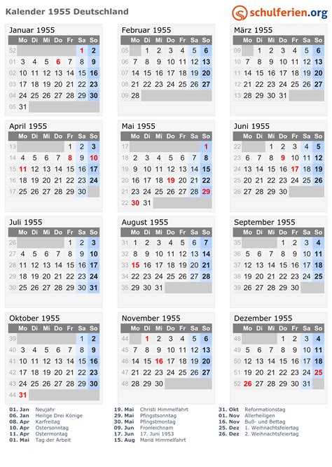 kalender 1955 mit feiertagen
